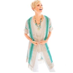 Chico's Teal Mix Fringe Detail long Cardigan- Linen